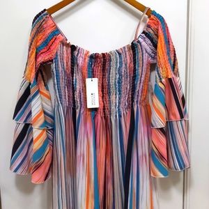 Molly Bracken Off-Shoulder Minidress, NWT - Multicolor Vintage Stripe
